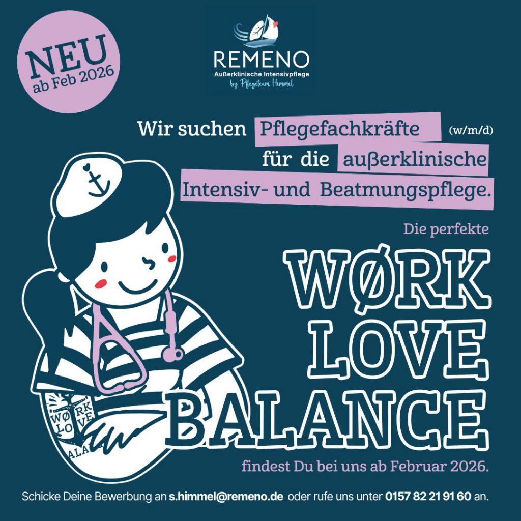 REMENO Stellenanzeige Pflegefachkraft Seevetal: Pflegerin in blauer Arbeitskleidung mit Stethoskop. Text-Overlay zeigt Stellenausschreibung für Pflegefachkraft m/w/d in 21218 Seevetal, 1:1-Intensivpflege, 50 Prozent Sonntagszuschlag, 3 Wunschfrei-Tage pro Monat, Start Februar 2026. REMENO GmbH Logo für außerklinische Intensivpflege.