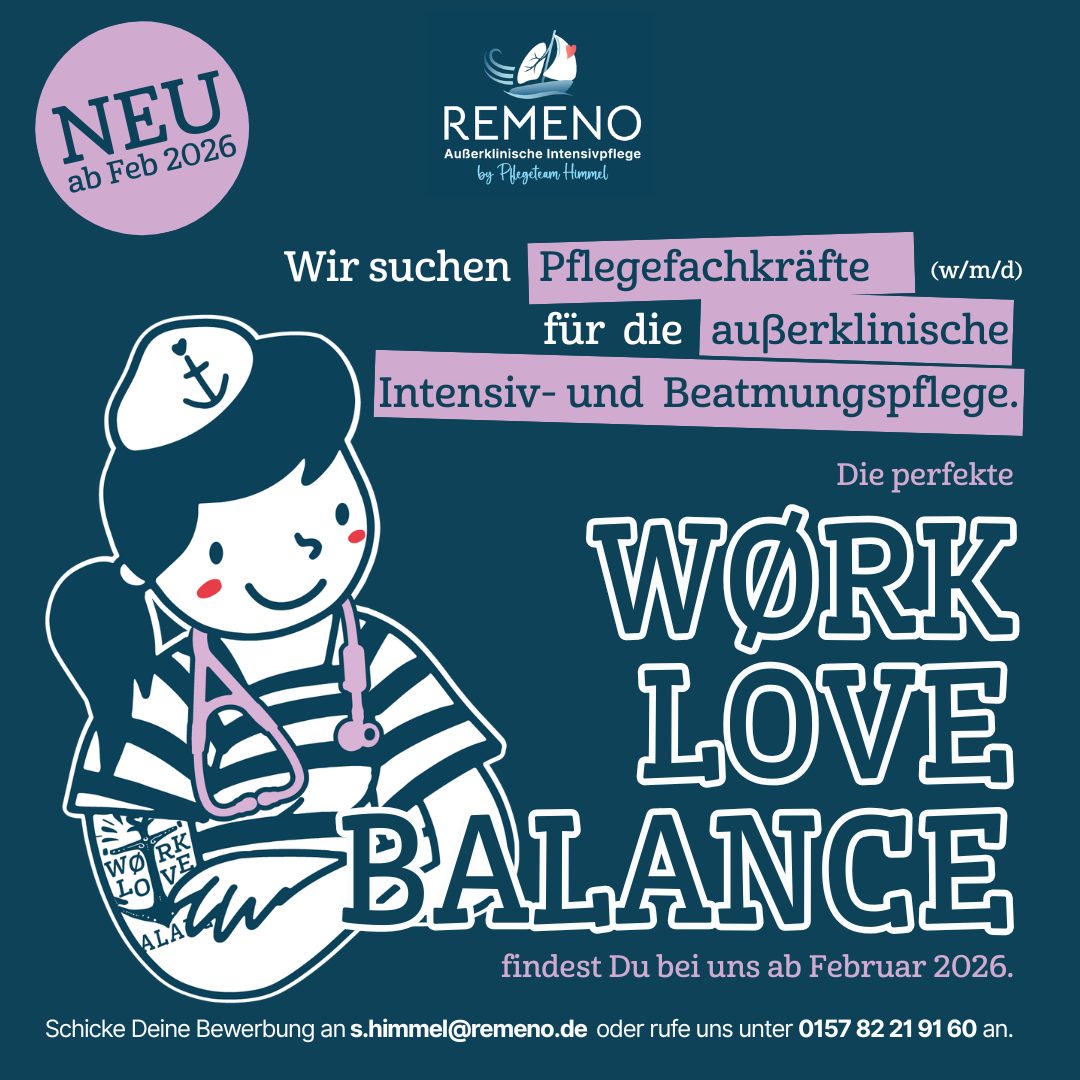 REMENO Stellenanzeige Pflegefachkraft Seevetal: Pflegerin in blauer Arbeitskleidung mit Stethoskop. Text-Overlay zeigt Stellenausschreibung für Pflegefachkraft m/w/d in 21218 Seevetal, 1:1-Intensivpflege, 50 Prozent Sonntagszuschlag, 3 Wunschfrei-Tage pro Monat, Start Februar 2026. REMENO GmbH Logo für außerklinische Intensivpflege.