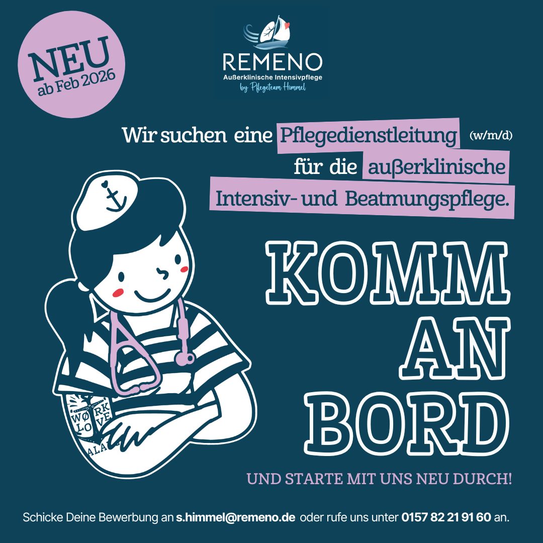 REMENO Stellenanzeige Pflegedienstleitung Seevetal: Professionelle Pflegekraft in Arbeitskleidung. Text-Overlay zeigt Stellenausschreibung für Pflegedienstleitung m/w/d in 21218 Seevetal, Neuaufbau Intensivpflege-Dienst, Mitentwicklung von Konzepten, Start Februar 2026. REMENO GmbH Logo.