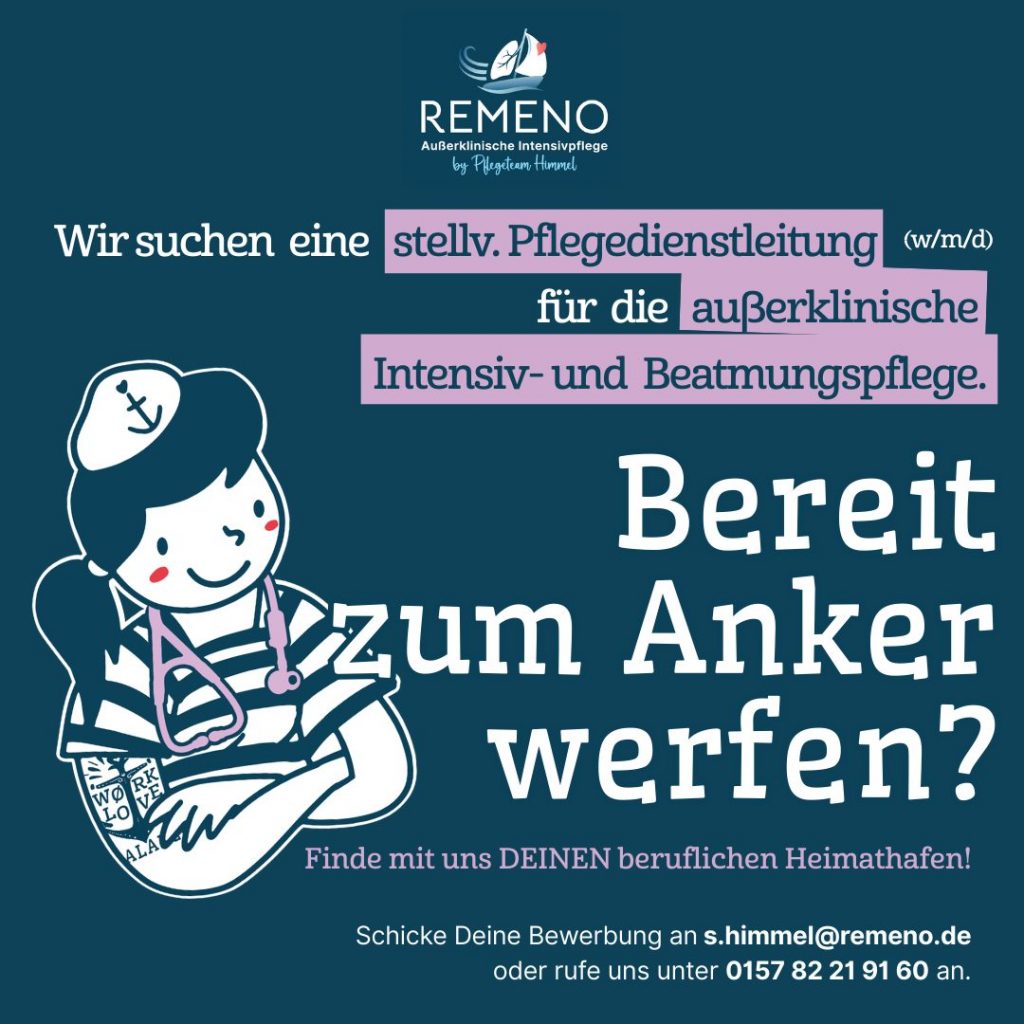 REMENO Stellenanzeige Stellvertretende Pflegedienstleitung Neuaufbau, Intensivpflegedienst, Mitgestaltung, REMENO GmbH Logo.