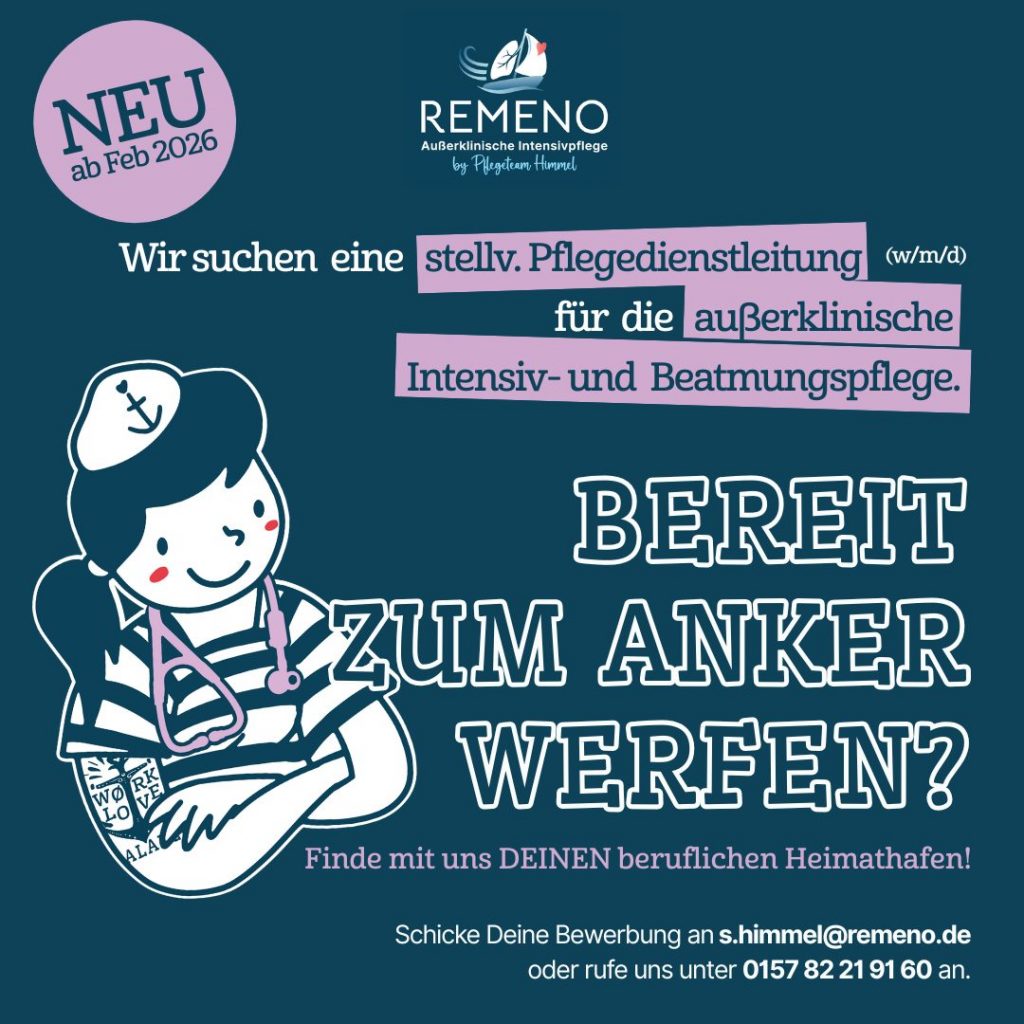 REMENO Stellenanzeige Stellvertretende Pflegedienstleitung Seevetal: Pflegekraft in professioneller Arbeitskleidung. Text-Overlay zeigt Stellenausschreibung für stellv. PDL m/w/d in 21218 Seevetal, Neuaufbau, Mitgestaltung, Start Februar 2026. REMENO GmbH Logo.